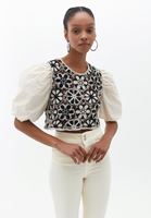Bayan Çok Renkli Balon Kollu Crop Bluz