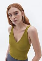 Women Green V-neck Jacquard Seamless Singlet