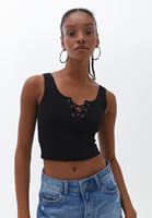 Women Black Cotton Singlet with Lace Detail