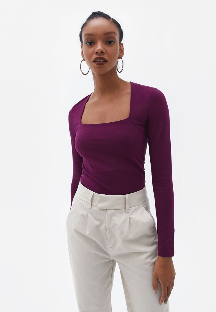Women Purple Square Neck Tshirt with Long Sleeves