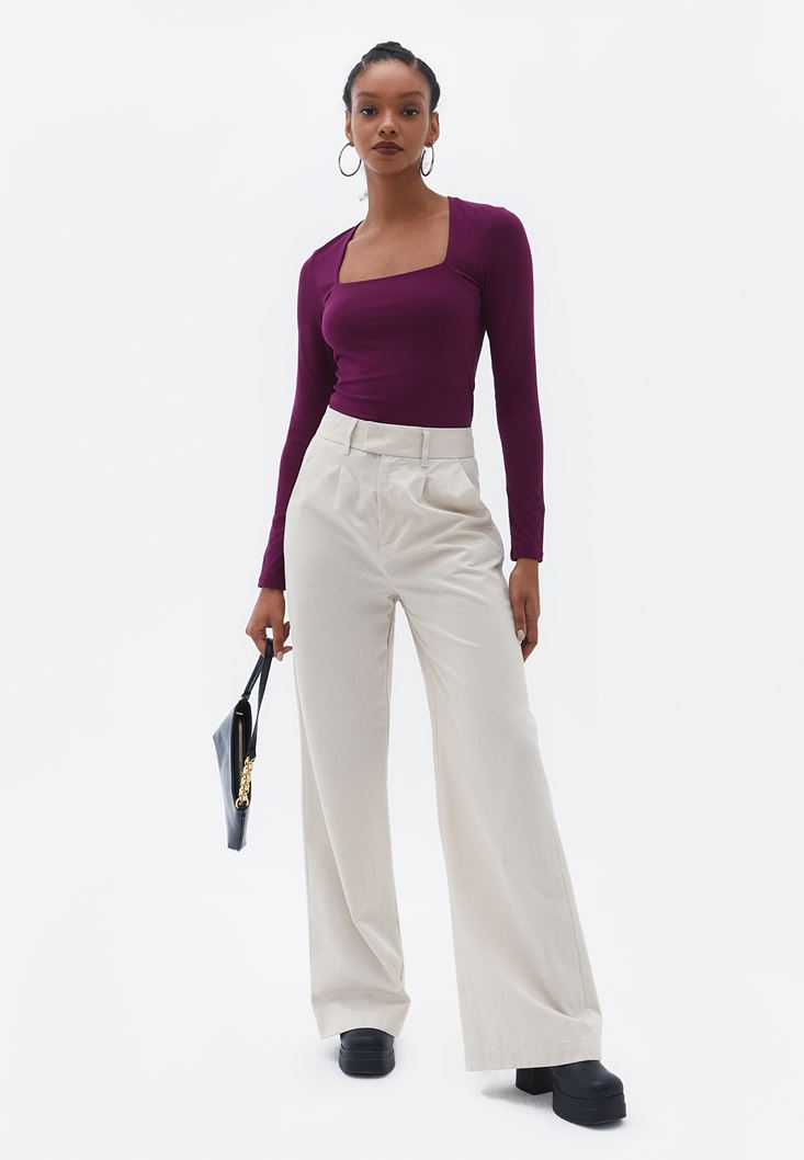 Women Purple Square Neck Tshirt with Long Sleeves