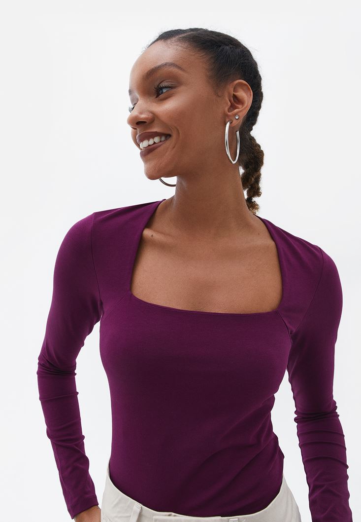 Women Purple Square Neck Tshirt with Long Sleeves