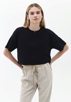 Women Black Cotton Crop Tshirt with Neckline Detail