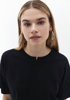 Women Black Cotton Crop Tshirt with Neckline Detail