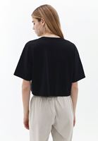 Women Black Cotton Crop Tshirt with Neckline Detail