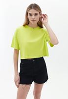 Women Green Cotton Crop Tshirt with Neckline Detail