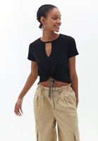 Women Black Crop Tshirt with Cut Out Detail