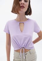 Bayan Lila Cut-Out Detaylı Crop Tişört