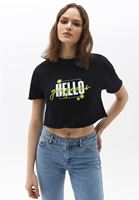 Women Black Printed Crop Cut Tshirt