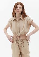 Women Beige Loose Fit Crop Shirt