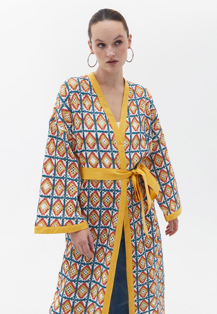 Women Mixed Loose Fit Kimono with Belt