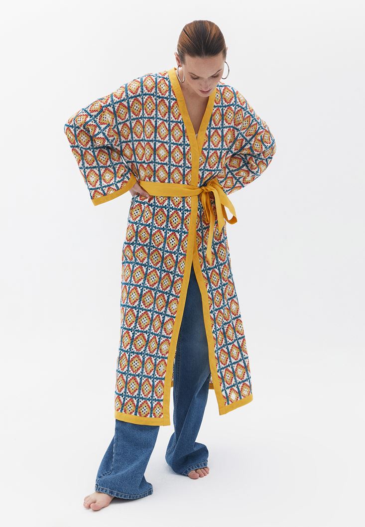 Women Mixed Loose Fit Kimono with Belt