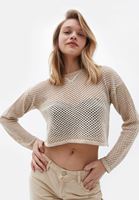 Women Beige Crew Neck Crop Sweater with Hemstitch