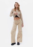 Women Beige Crew Neck Crop Sweater with Hemstitch