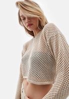 Women Beige Crew Neck Crop Sweater with Hemstitch