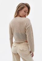 Women Beige Crew Neck Crop Sweater with Hemstitch