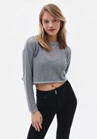 Women Silver Crew Neck Crop Sweater with Hemstitch