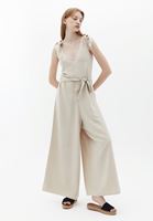 Women Beige Culotte Jumpsuit with Belt Detail