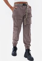 Women Beige Cargo Pants with Belt Detail