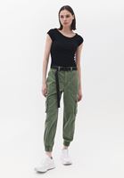 Women Khaki Mid Rise Cargo Pants with Belt