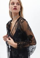 Women Black Embroidered Tulle Kimono