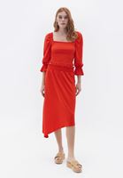 Women Red Midi Skirt with Asymmetrical Cut