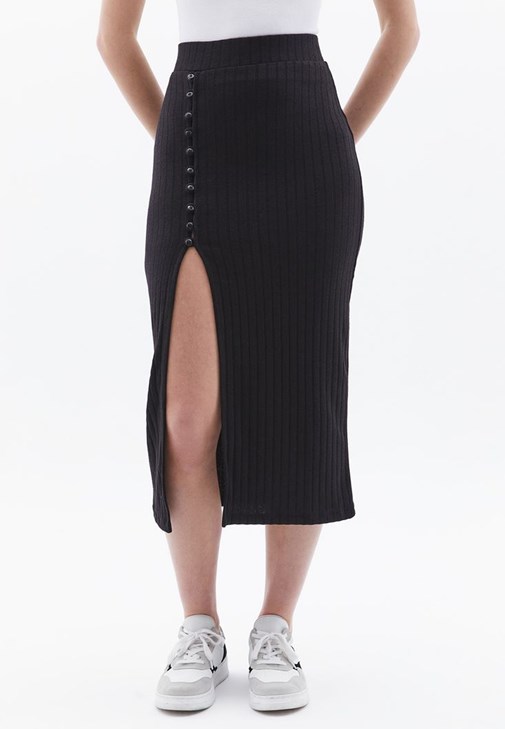 Black Midi Skirt with Slit Detail Online Shopping | OXXOSHOP