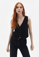 Women Black Crop Waistcoat with Buttons