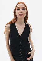 Women Black Crop Waistcoat with Buttons