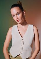 Women Beige Crop Waistcoat with Buttons