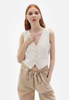 Women Beige Crop Waistcoat with Buttons