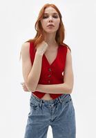 Women Red Crop Waistcoat with Buttons