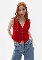 Women Red Crop Waistcoat with Buttons