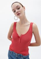 Women Red Scope Neck Singlet with Snap Fastener Detail