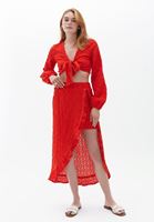 Women Red Cotton High Rise Midi Skirt