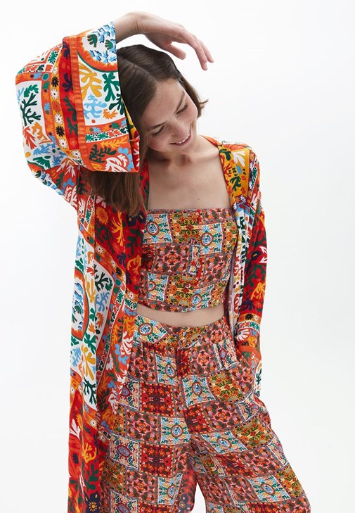 Kimono ve Desenli Pantolon Kombini