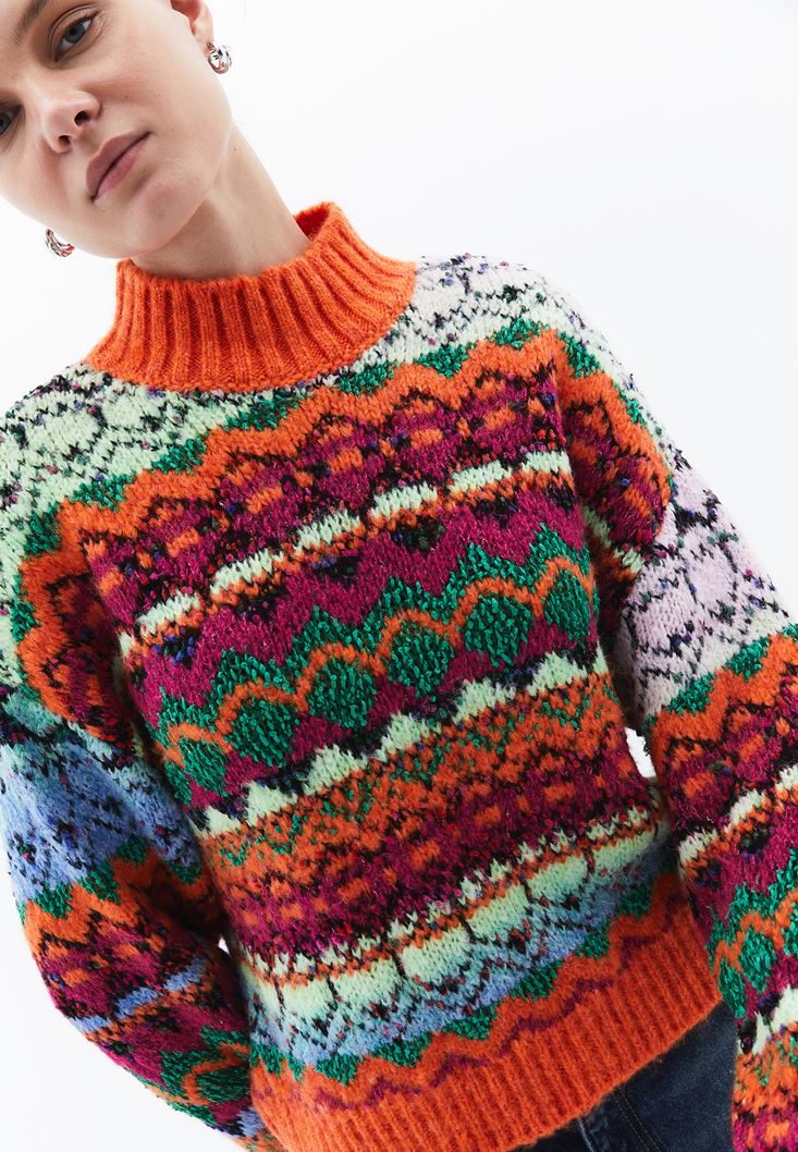 Women Mixed High Neck Jacquard Sweater
