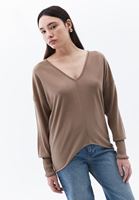 Women Beige V-neck Sweater