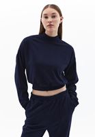 Women Navy Turtle Neck Crop Sweatshirt