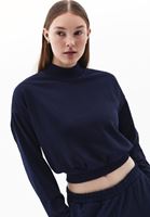 Women Navy Turtle Neck Crop Sweatshirt