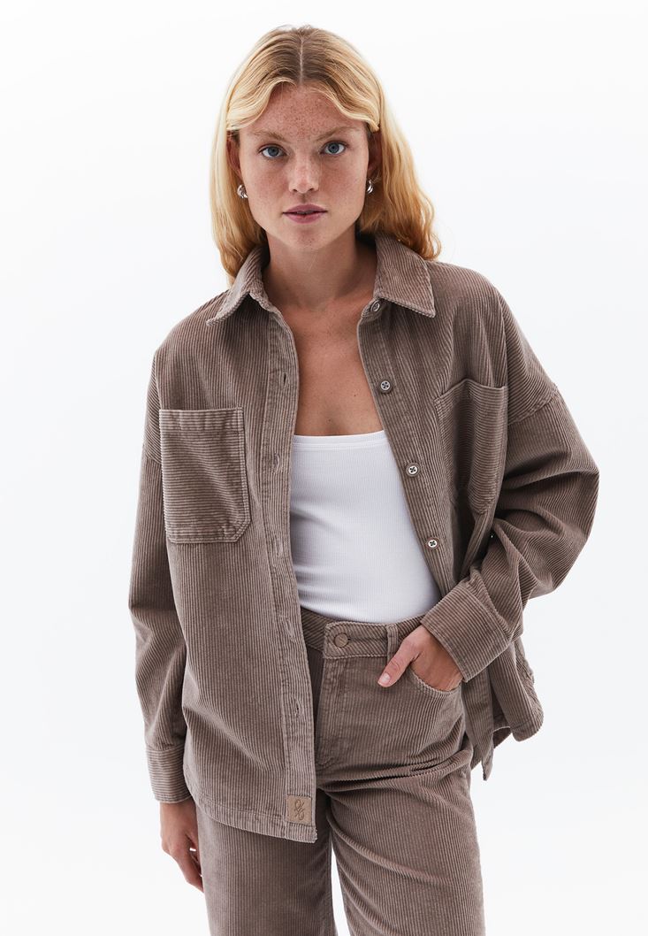 Women Brown Oversize Corded Shirt