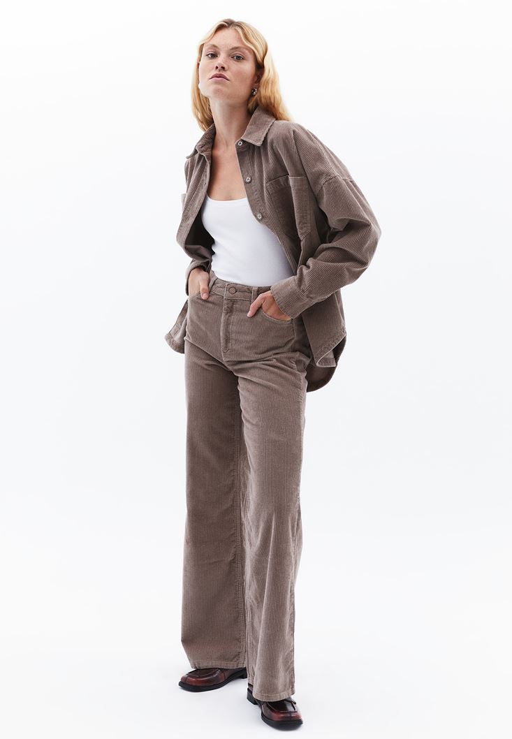 Women Brown Oversize Corded Shirt