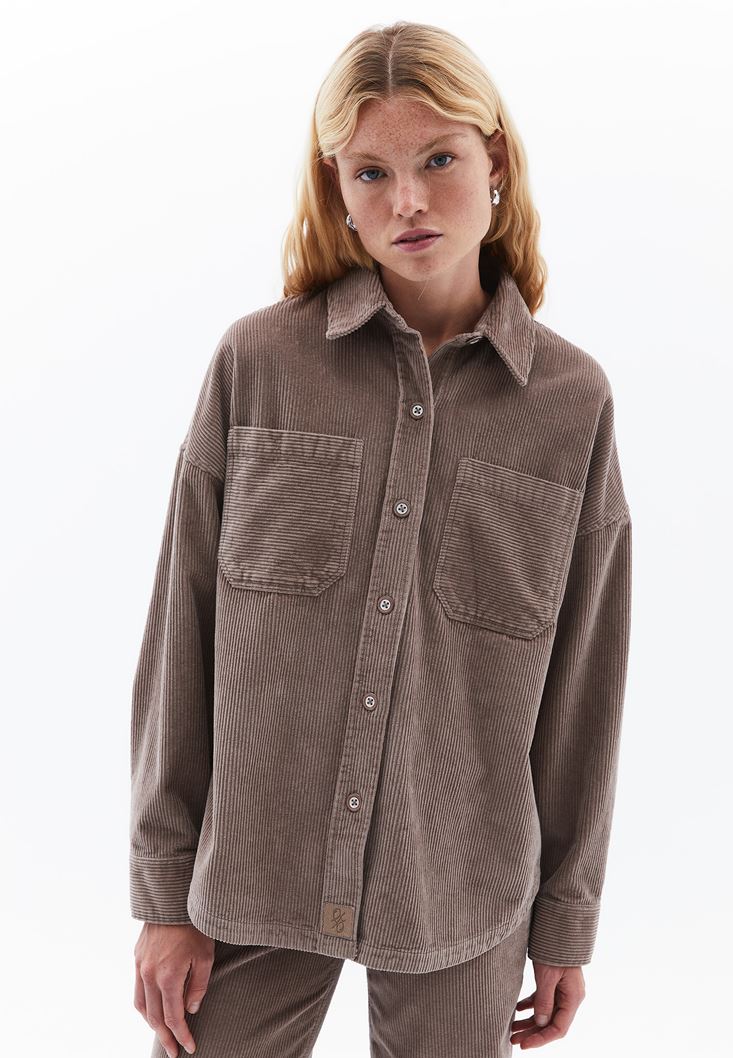 Women Brown Oversize Corded Shirt