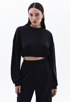 Women Black Crew Neck Crop Sweatshirt