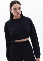 Women Black Crew Neck Crop Sweatshirt