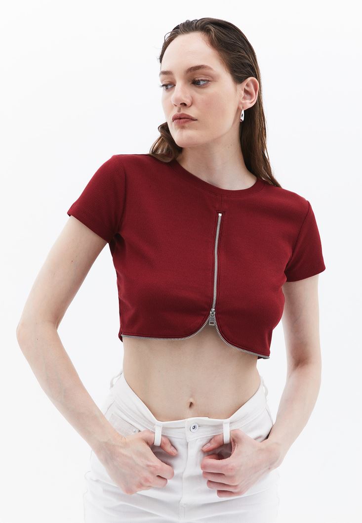 Women Bordeaux Crop Tshirt with Zipper Detail