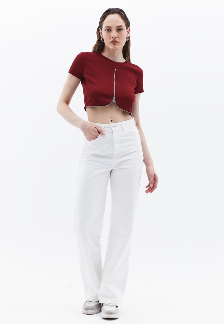 Women Bordeaux Crop Tshirt with Zipper Detail