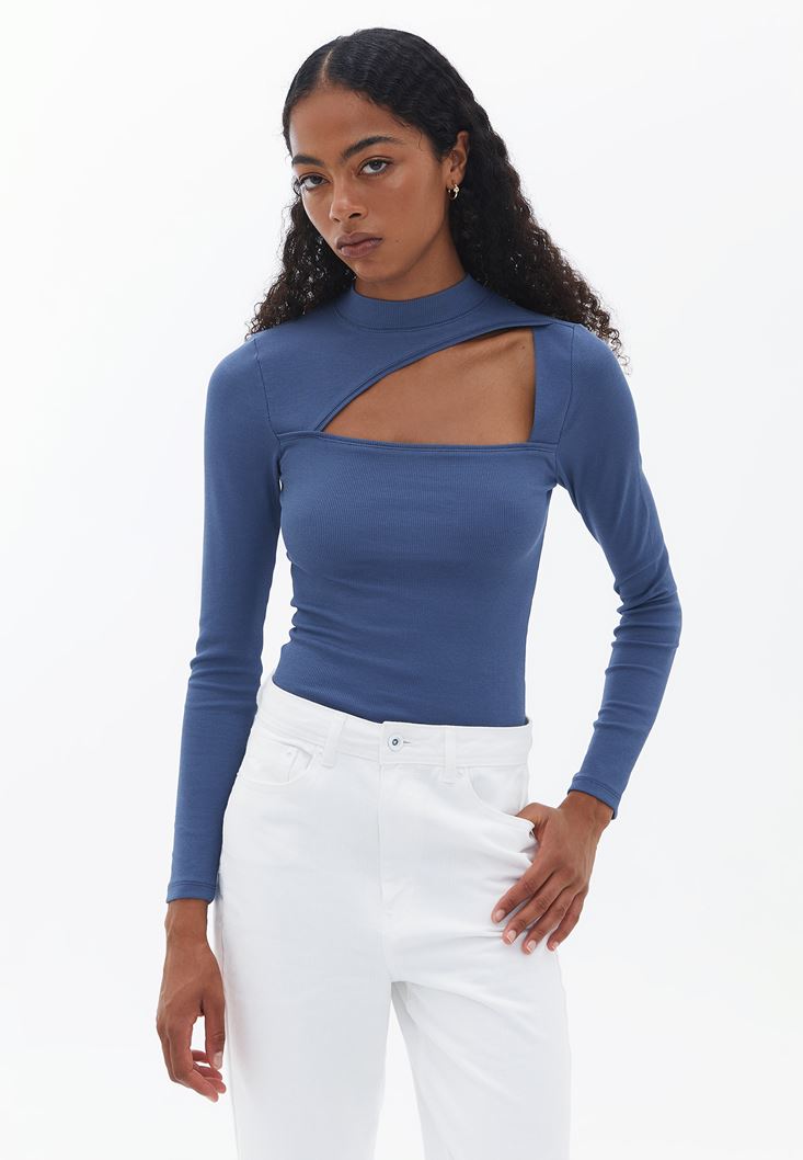Women Blue High Neck Tshirt with Long Sleeves