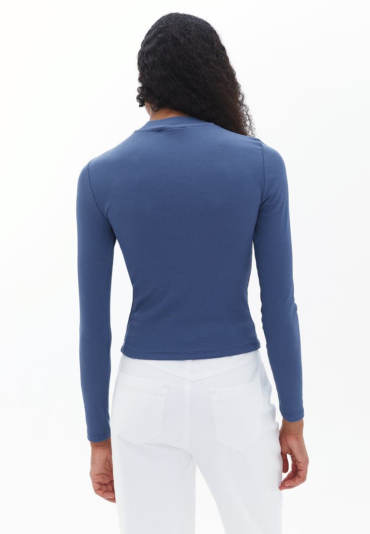 Women Blue High Neck Tshirt with Long Sleeves