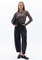 Women Black Vegan Leather Mid Rise Barrel Fit Pants